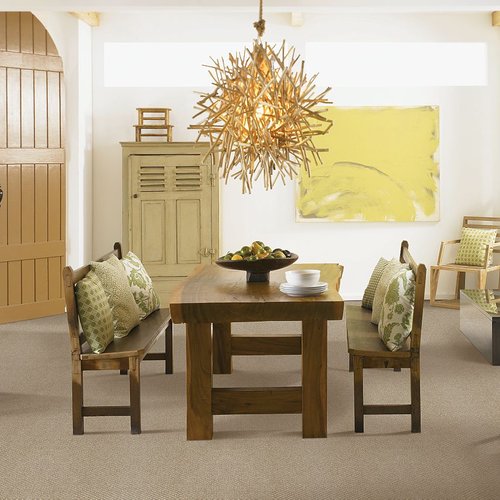 Bright dining area with Mohawk SmartStrand Carpet flooring