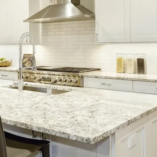 Granite countertops in a bright kitchen